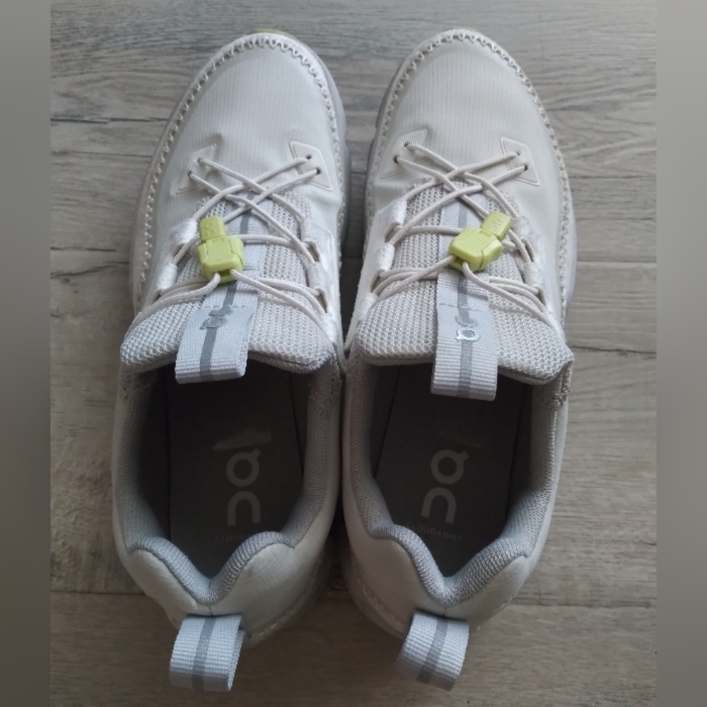On Cloudaway Lightweight White Athletic Sneakers with Lime Accents